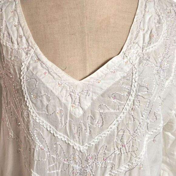 White Embroidered Boho Beaded Tunic Top Or Beach Cover - Picture 2 of 5